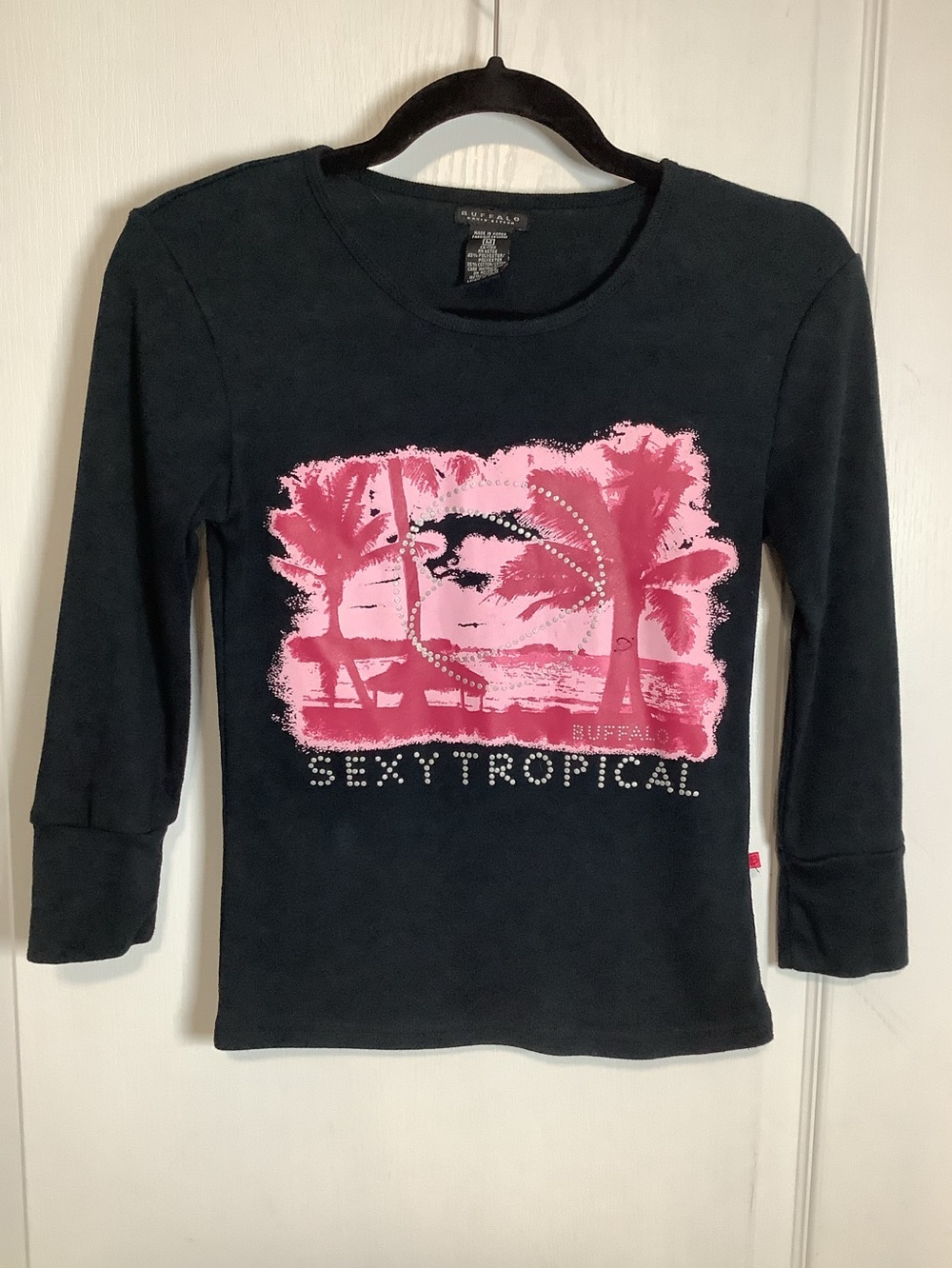 Y2K Buffalo David Bitton Black Long-Sleeve Tee with Pink Tropical Graphic